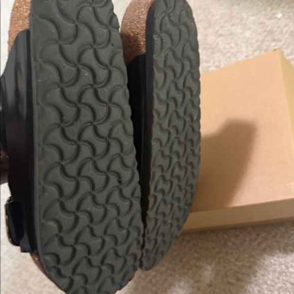 Black Big Buckle Shiny Birkenstock Sandals with Gold Buckles - Picture 5 of 5